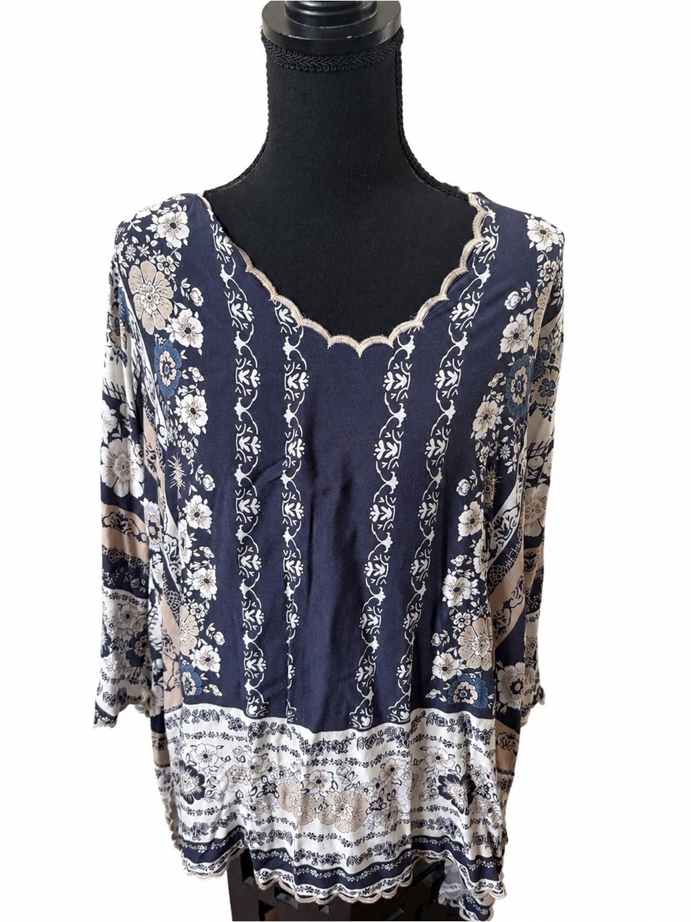 Johnny Was Navy Floral Rayon Boho Tunic Blouse